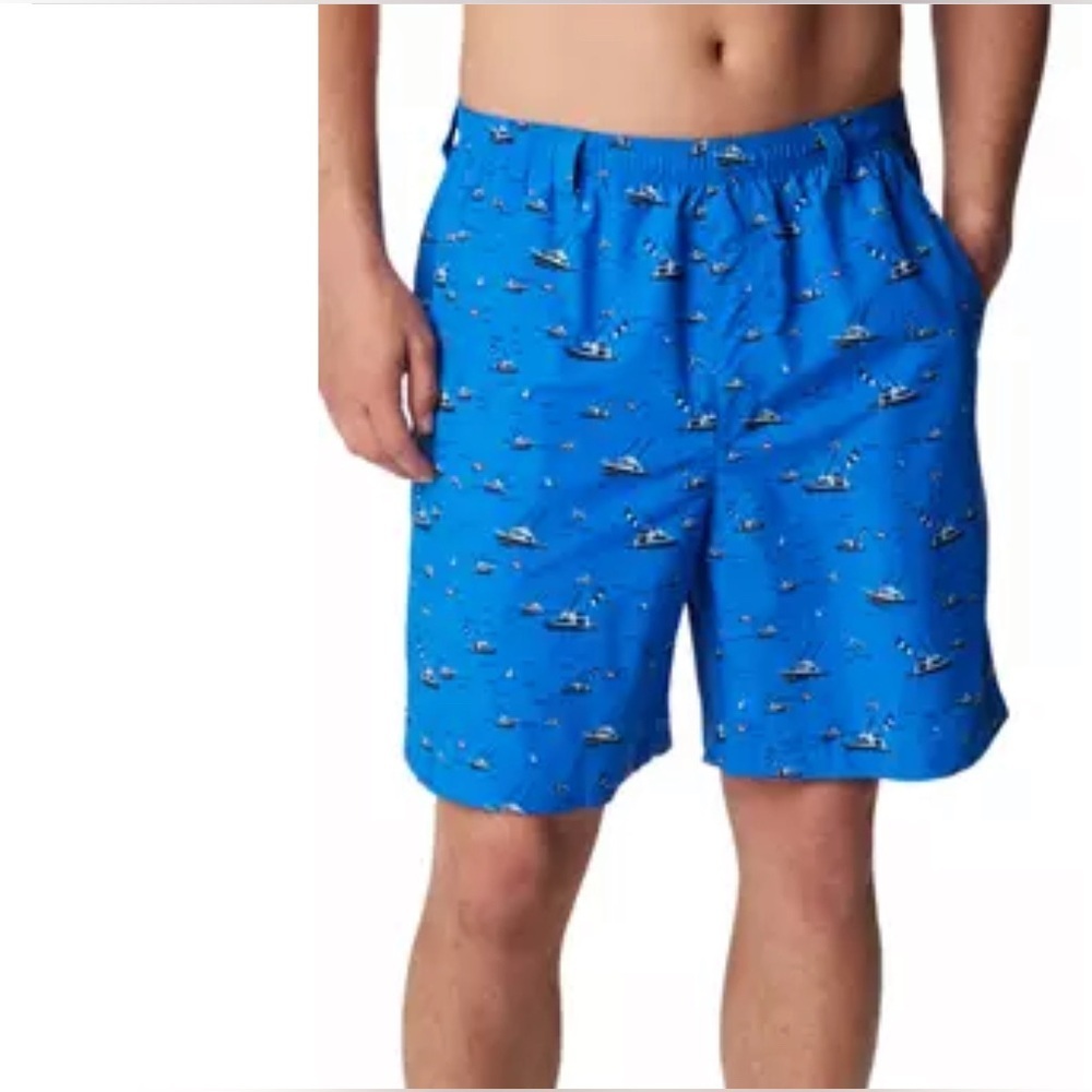 Columbia Men’s Swim Trunks Blue Boat Print Backcast Shorts S NWT 6” Inseam‎ UPF